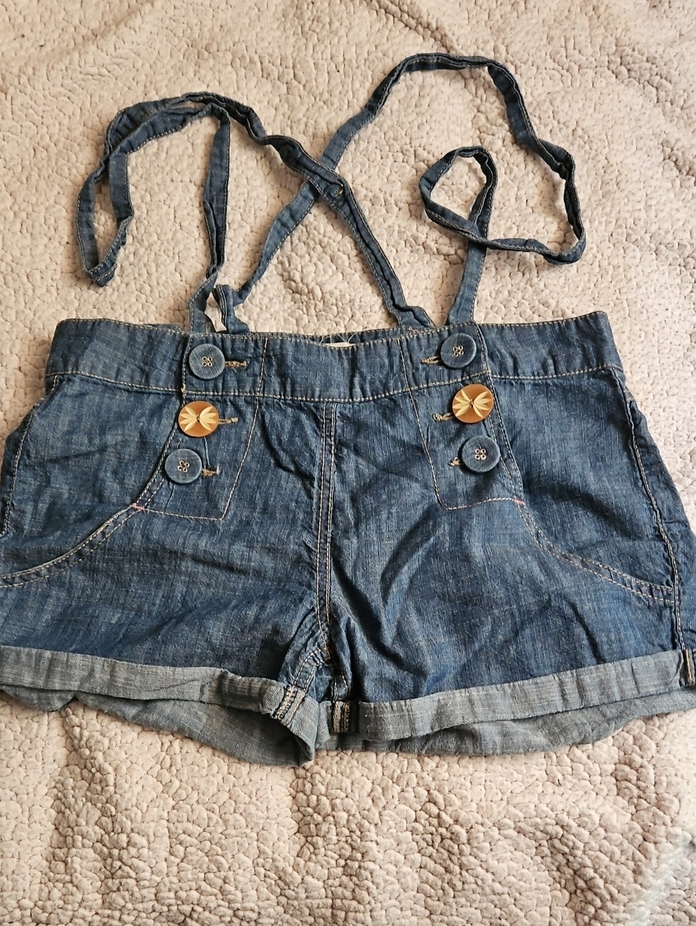 2.1 Denim Dark Blue Women's Suspender Shorts with Gold Buttons - Size 27